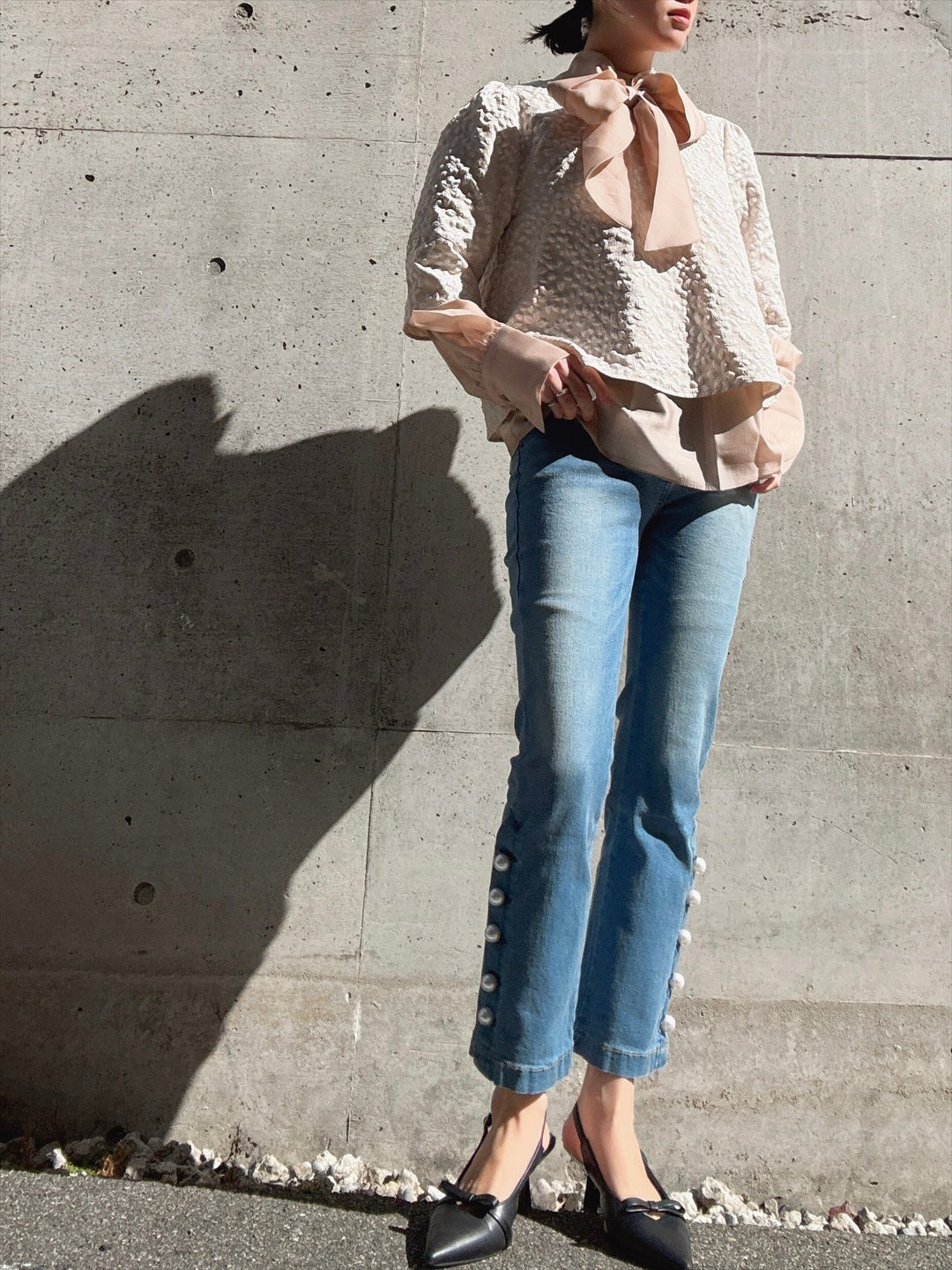 pearl button denim pants