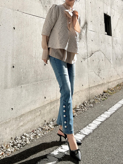 pearl button denim pants