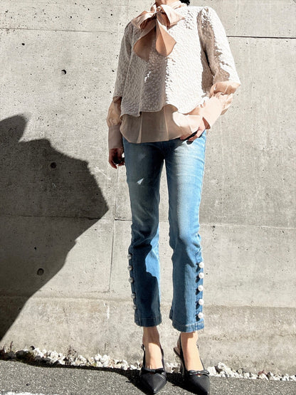 pearl button denim pants