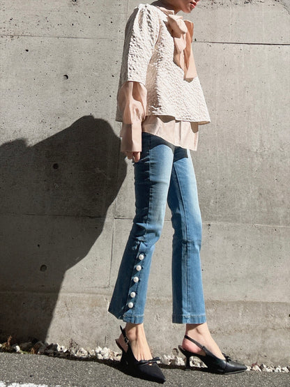 pearl button denim pants