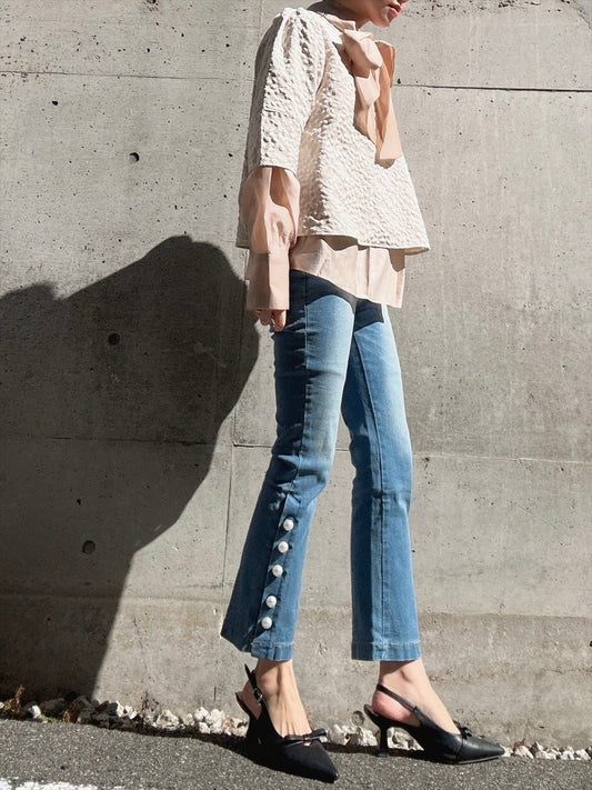 pearl button denim pants