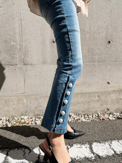 pearl button denim pants