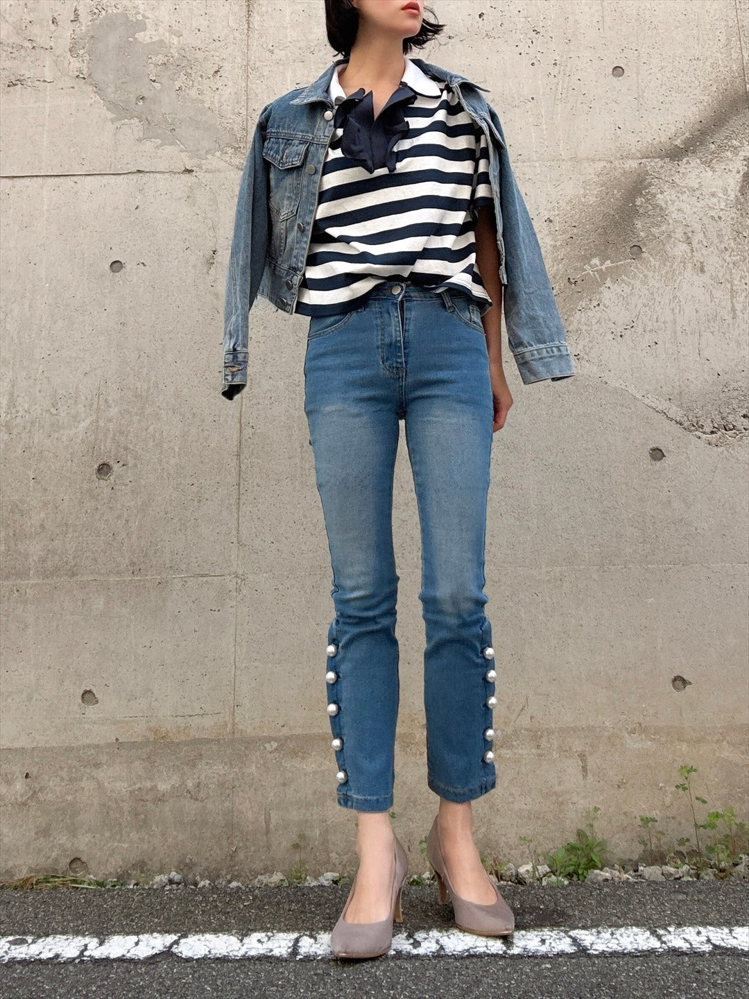 pearl button denim pants