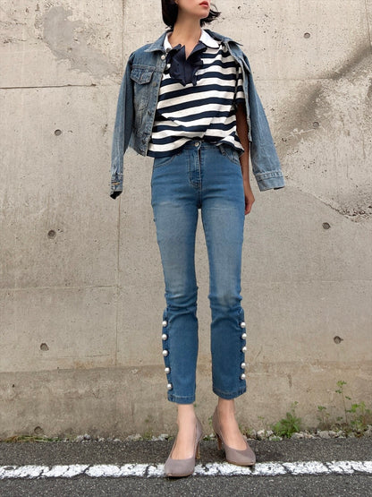 pearl button denim pants