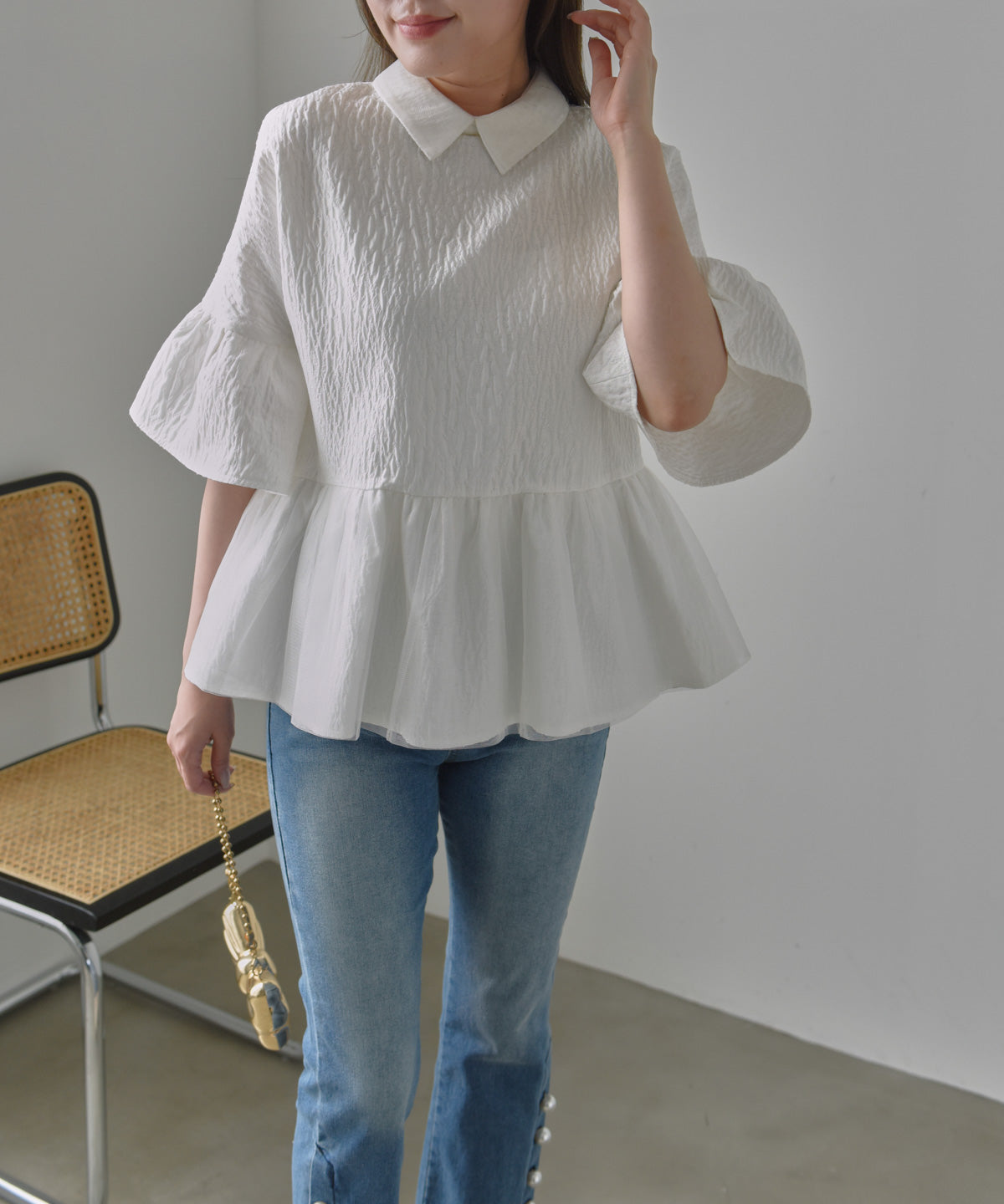 fluffy jacquard hem tulle peplum blouse