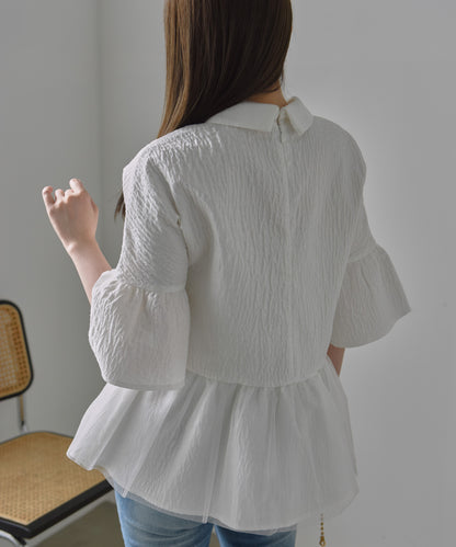 fluffy jacquard hem tulle peplum blouse