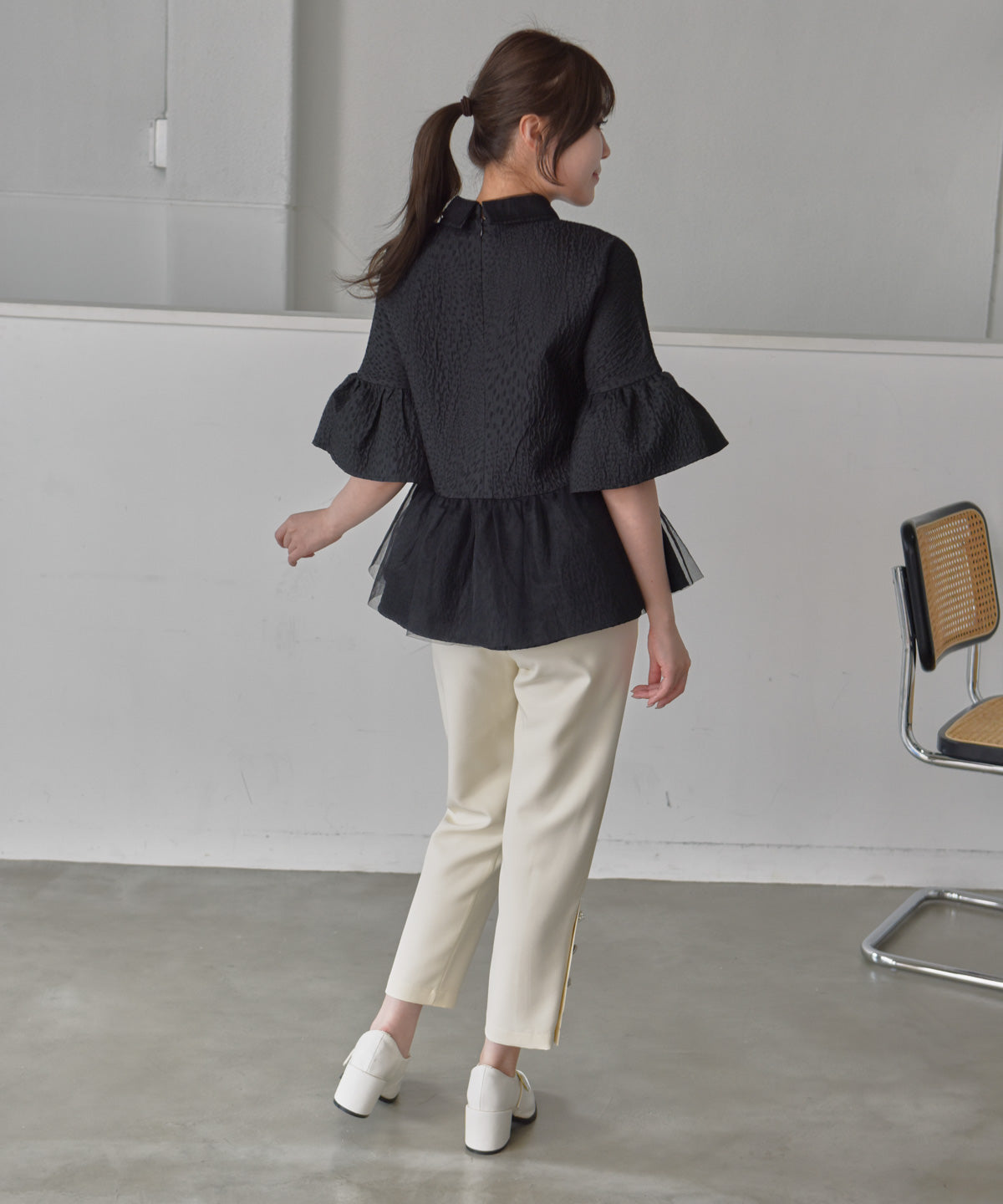 fluffy jacquard hem tulle peplum blouse