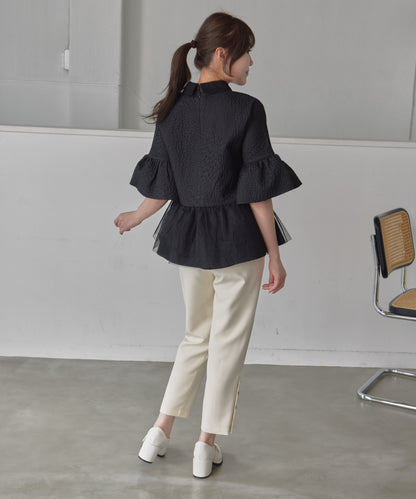 fluffy jacquard hem tulle peplum blouse