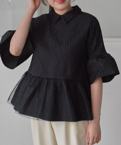 fluffy jacquard hem tulle peplum blouse