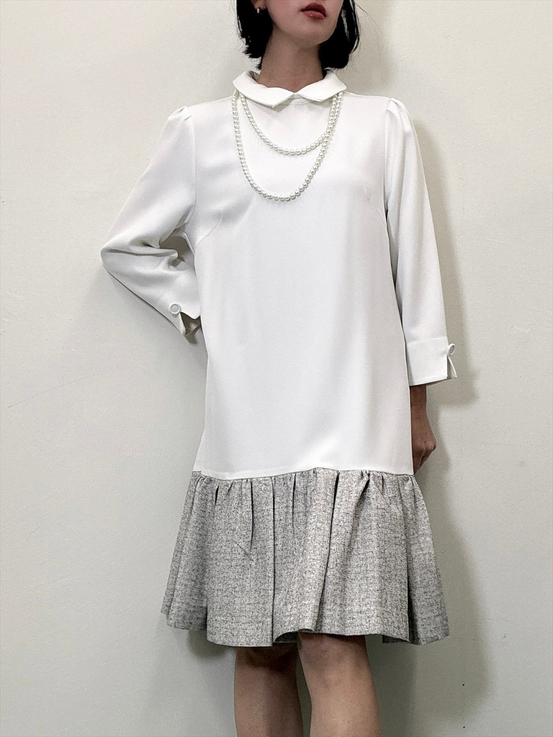 hem switching tweed frills onepiece