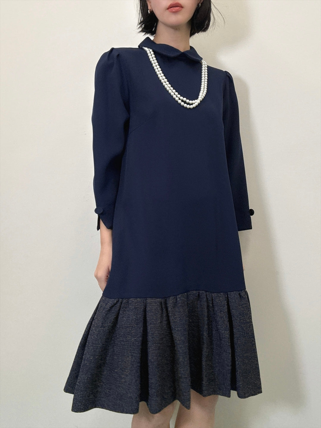 hem switching tweed frills onepiece