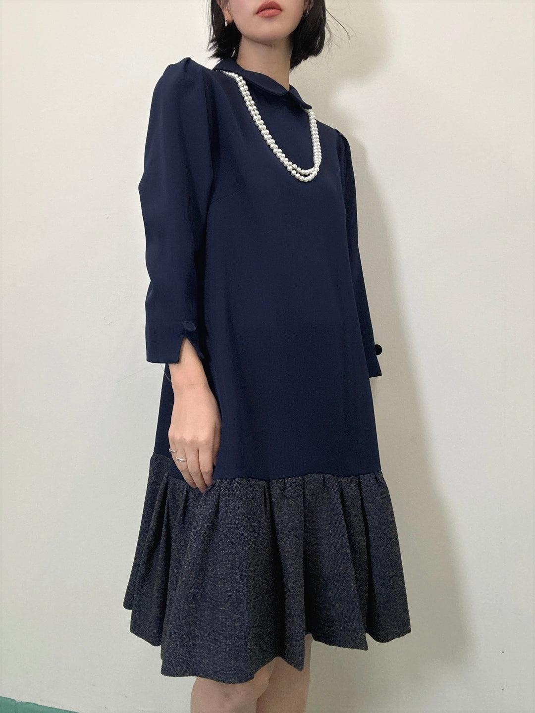 hem switching tweed frills onepiece