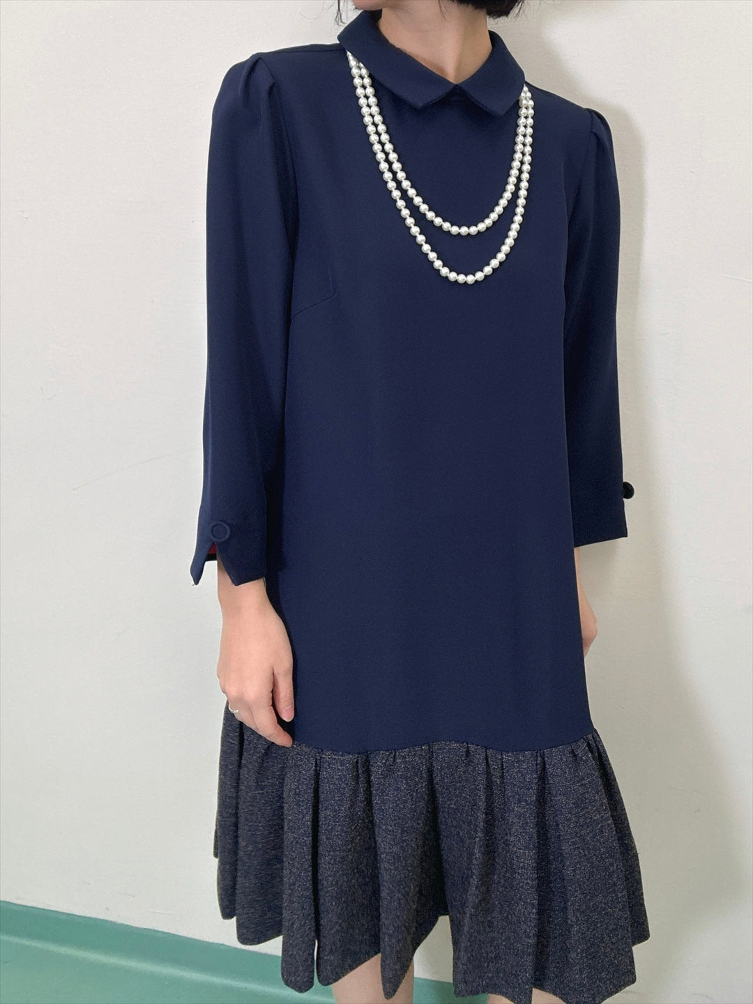 hem switching tweed frills onepiece