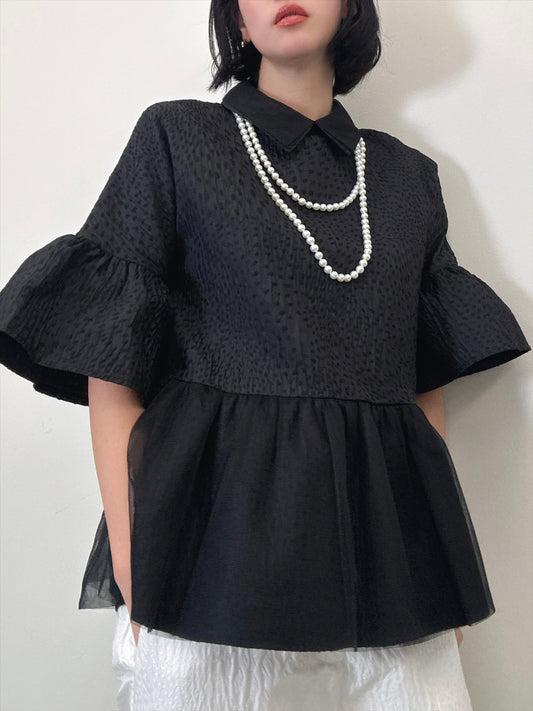fluffy jacquard hem tulle peplum blouse