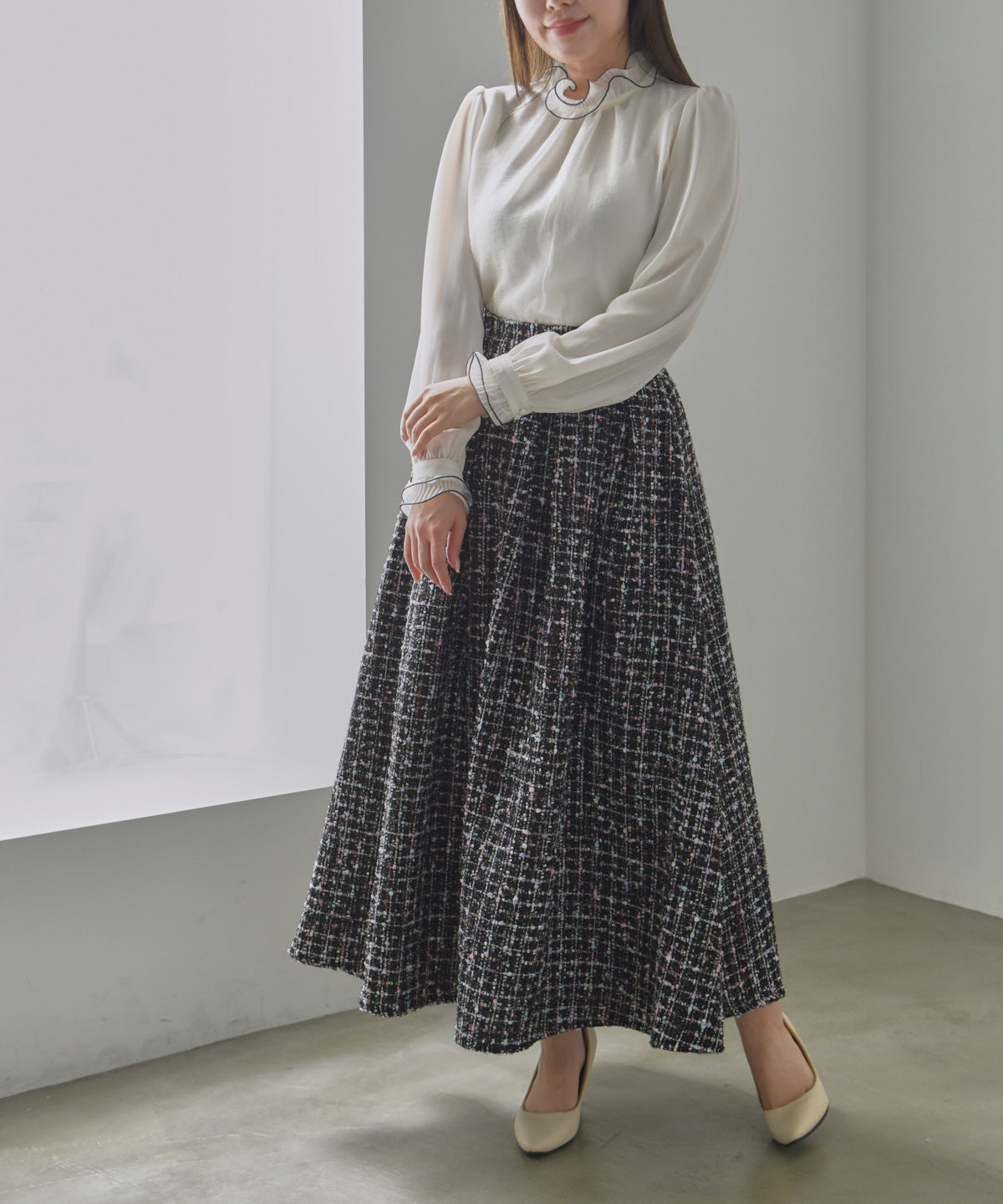 color mix tweed long skirt