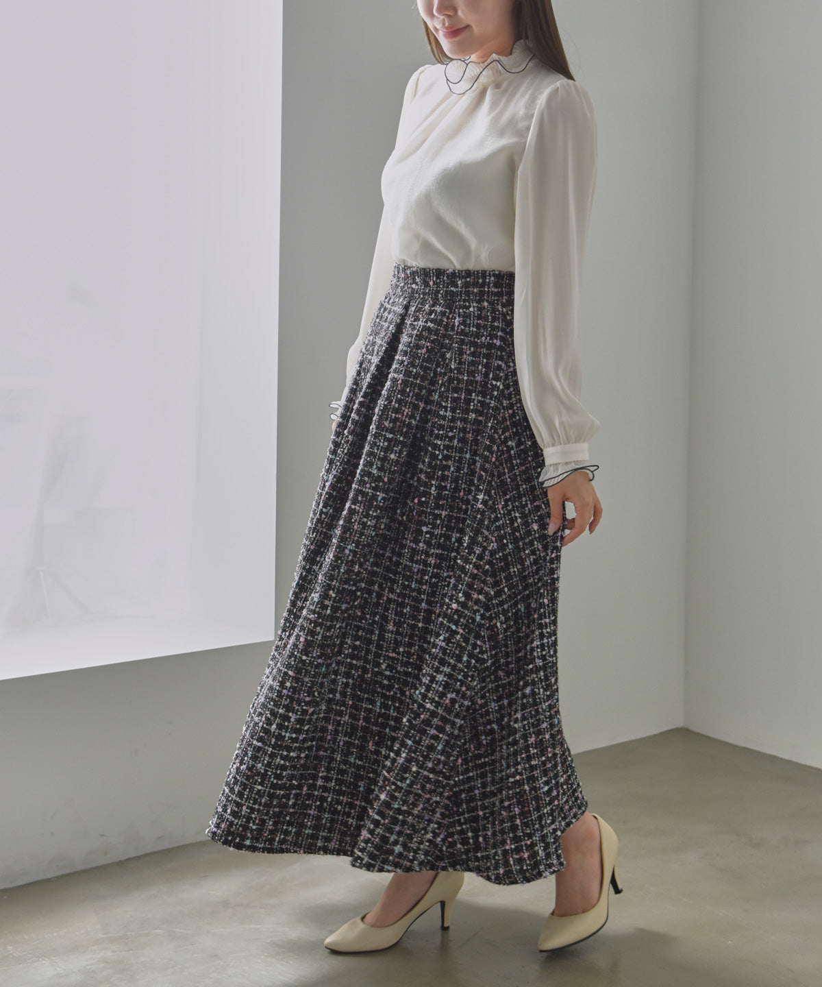 color mix tweed long skirt