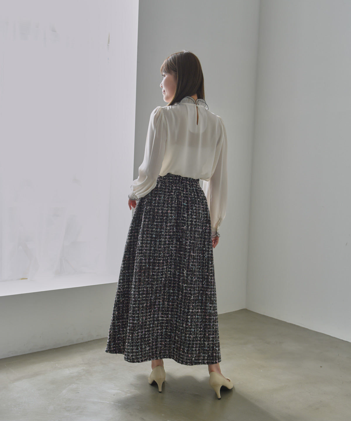 color mix tweed long skirt