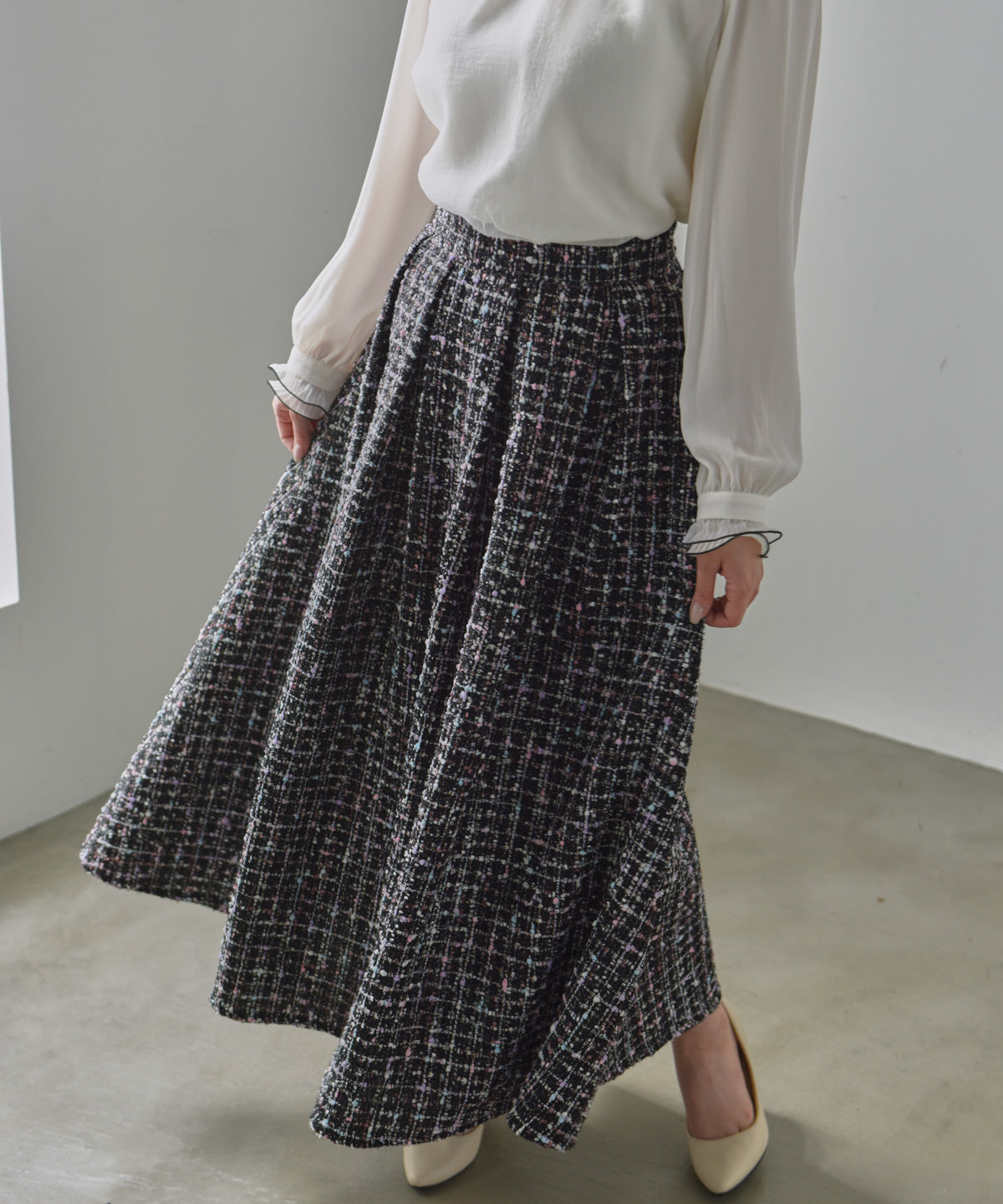 color mix tweed long skirt