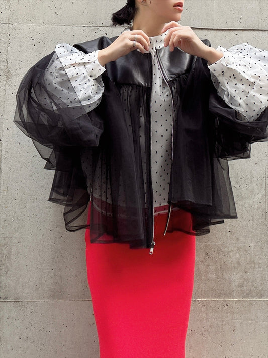 lamb leather tulle gather jacket