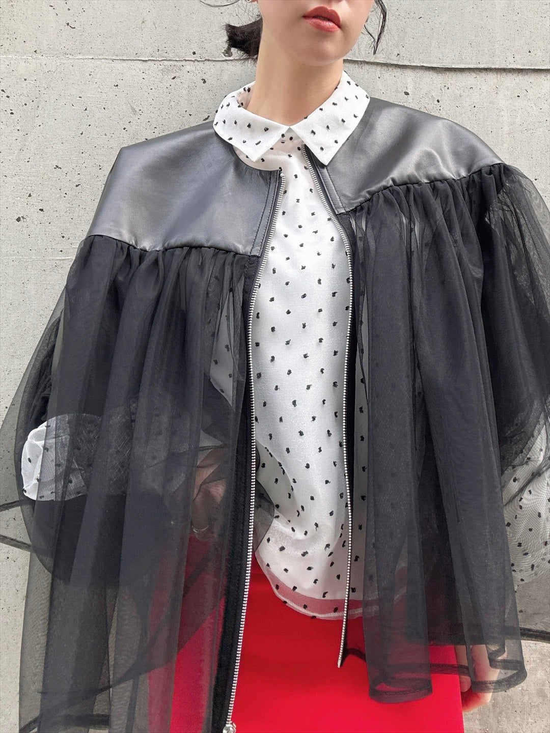 lamb leather tulle gather jacket