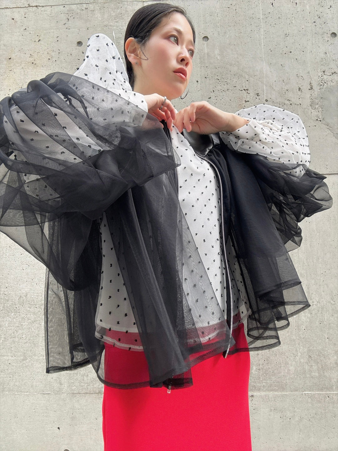 lamb leather tulle gather jacket