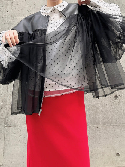 lamb leather tulle gather jacket
