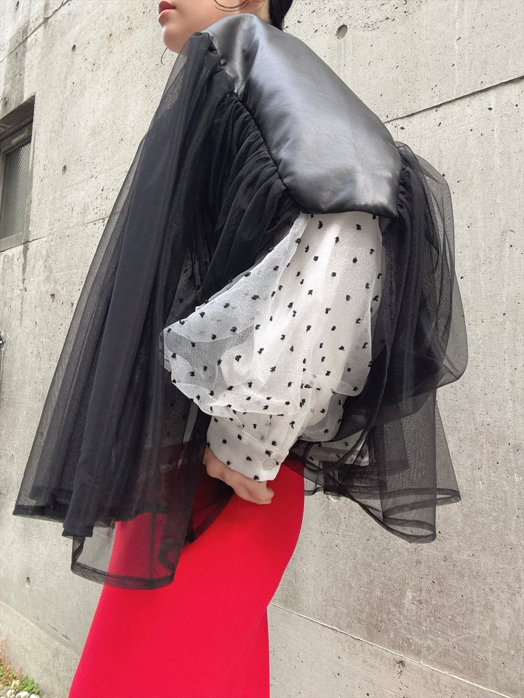 lamb leather tulle gather jacket