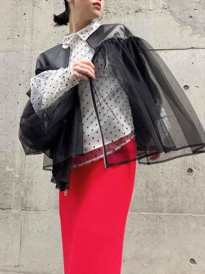 lamb leather tulle gather jacket