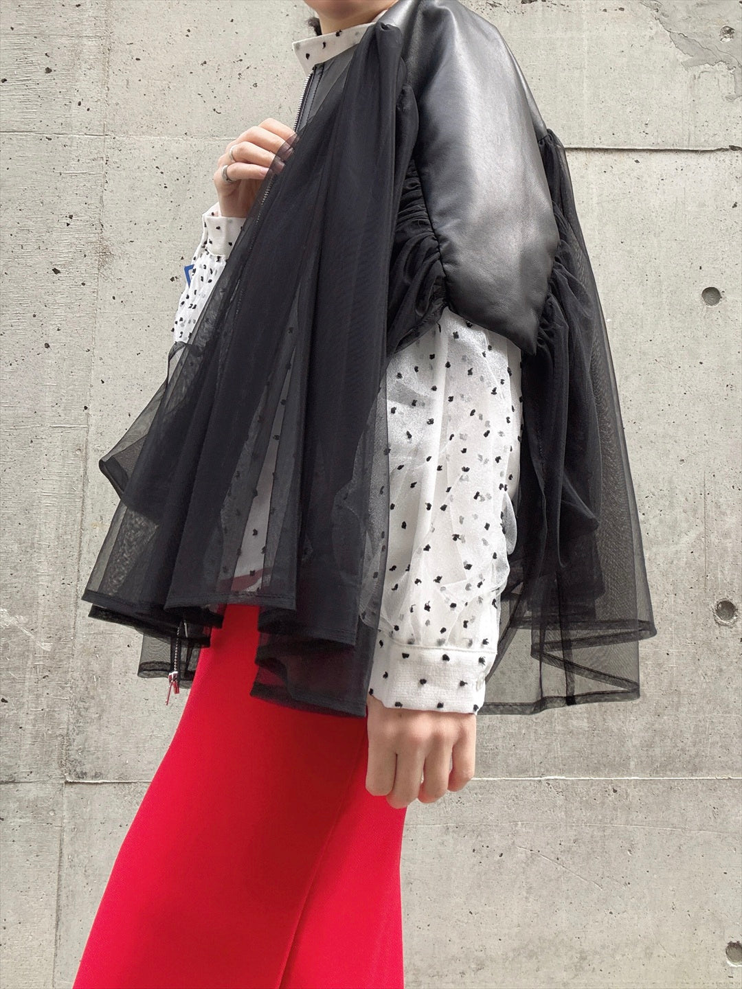 lamb leather tulle gather jacket