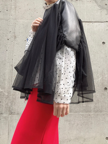 lamb leather tulle gather jacket