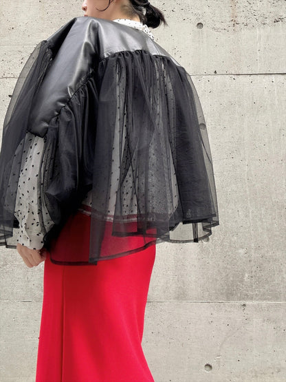 lamb leather tulle gather jacket