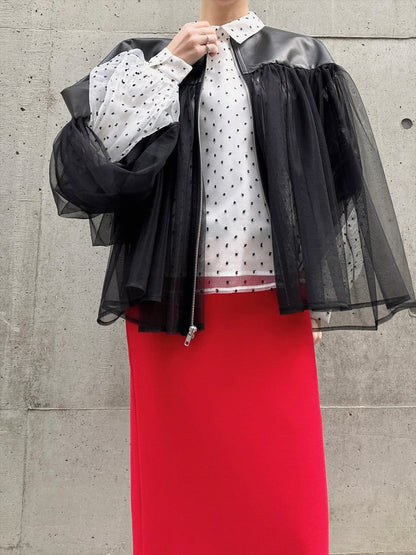 lamb leather tulle gather jacket
