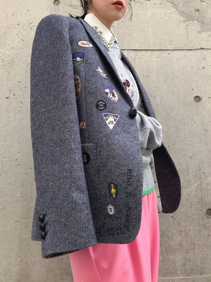 VILAGALLO chaqueta lana azul insignias bordadas jacket