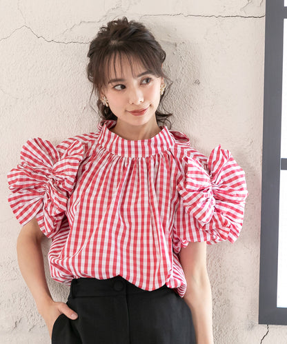 gingham check sleeve ribbon blouse