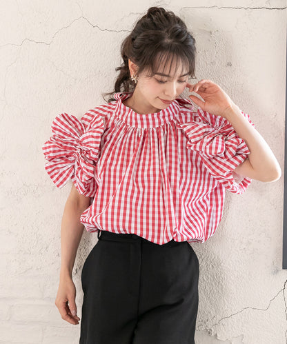 gingham check sleeve ribbon blouse