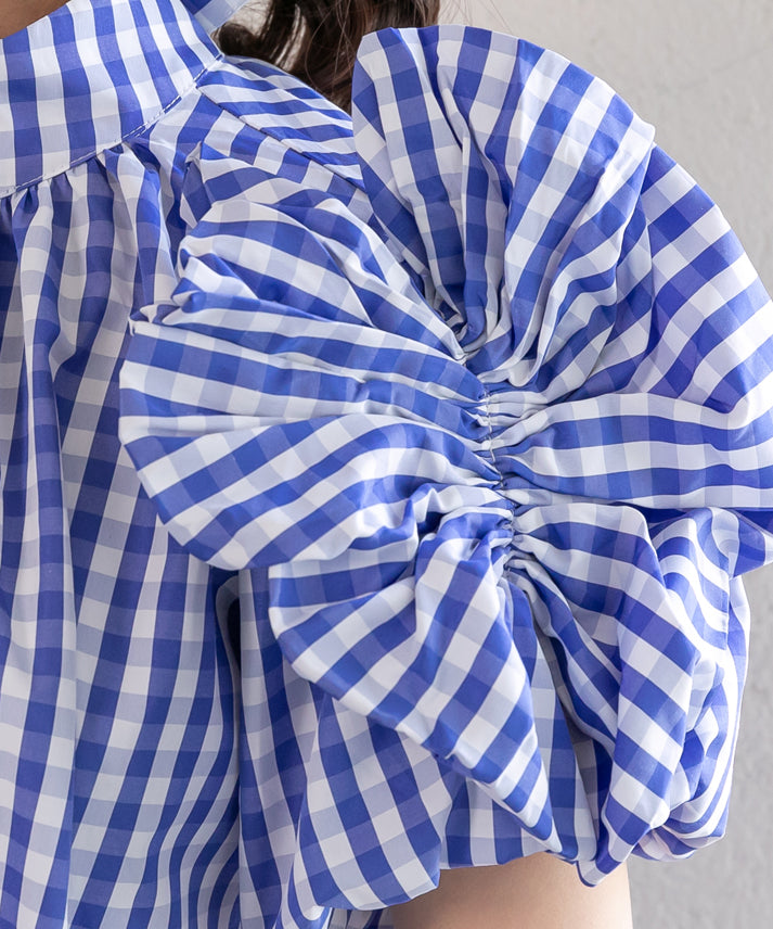 gingham check sleeve ribbon blouse