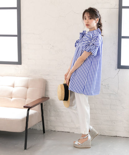 gingham check sleeve ribbon blouse