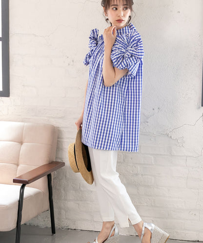 gingham check sleeve ribbon blouse