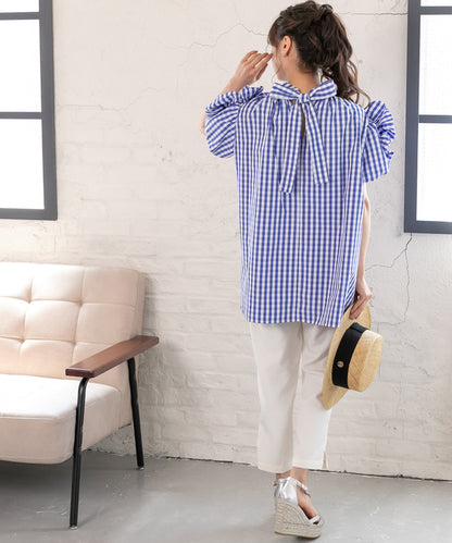 gingham check sleeve ribbon blouse