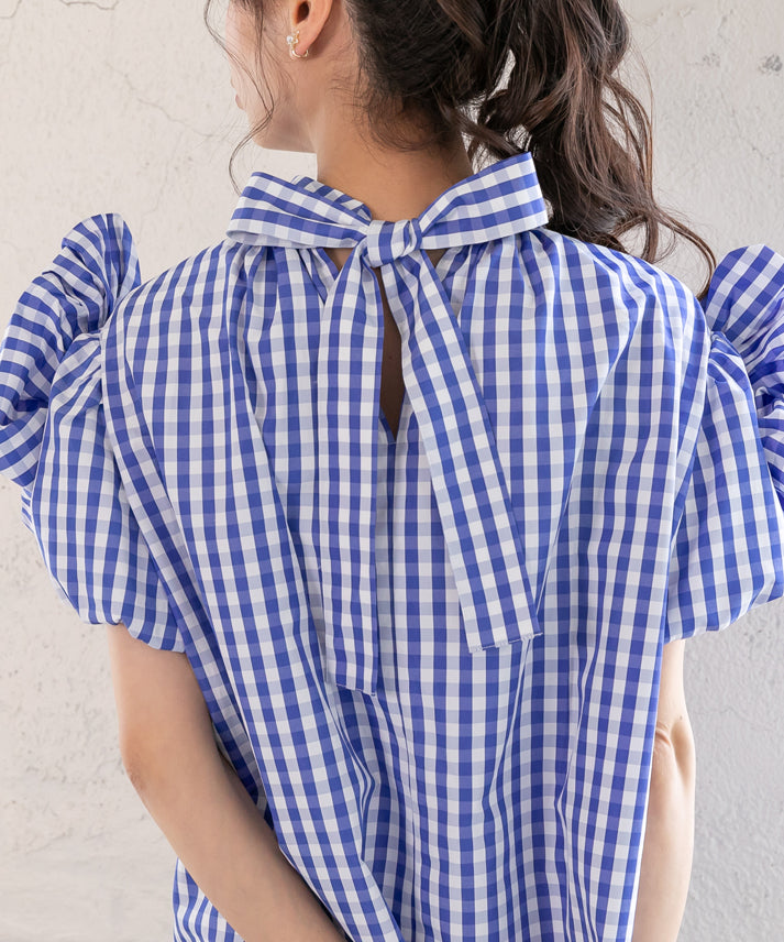 gingham check sleeve ribbon blouse