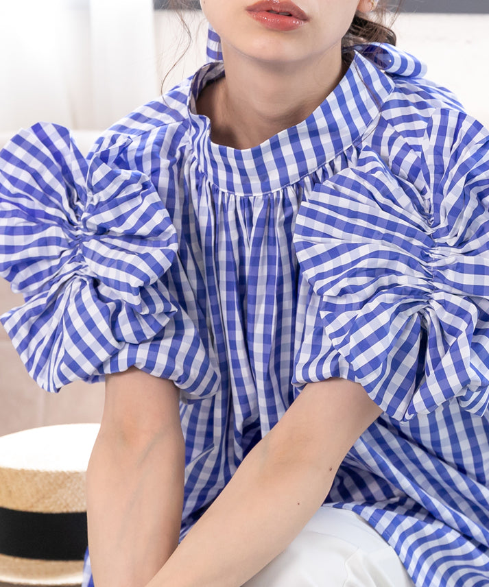 gingham check sleeve ribbon blouse