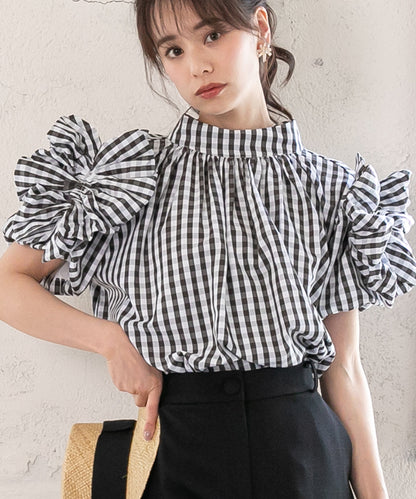 gingham check sleeve ribbon blouse