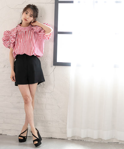 gingham check sleeve ribbon blouse