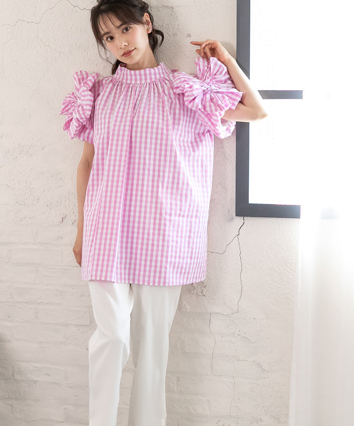 gingham check sleeve ribbon blouse