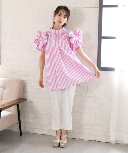 gingham check sleeve ribbon blouse