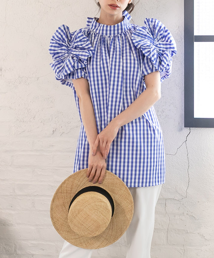 gingham check sleeve ribbon blouse