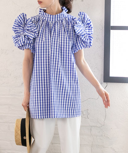 gingham check sleeve ribbon blouse