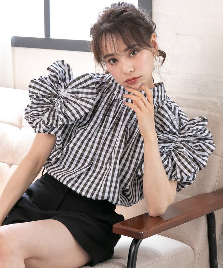 gingham check sleeve ribbon blouse