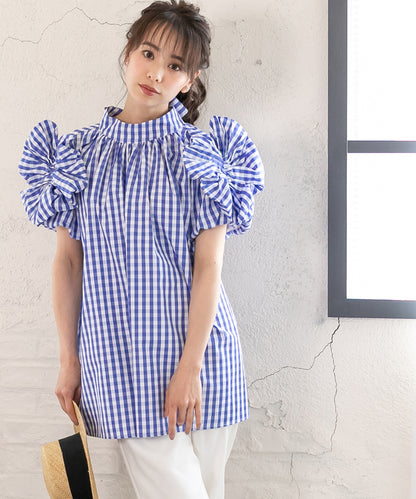 gingham check sleeve ribbon blouse