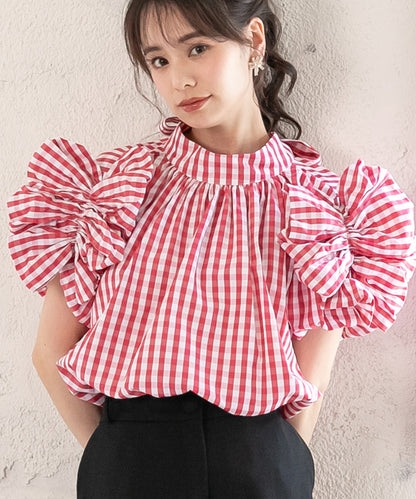 gingham check sleeve ribbon blouse